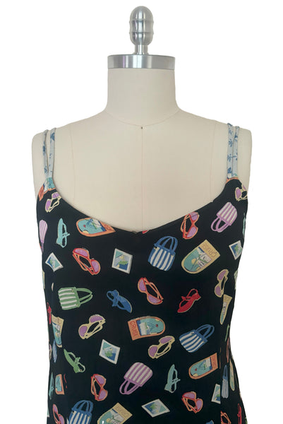 1990s Black Rayon Novelty Vacation Multicolor Print Slip Dress by Jenny Helene, Small to Medium