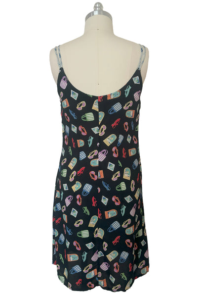 1990s Black Rayon Novelty Vacation Multicolor Print Slip Dress by Jenny Helene, Small to Medium