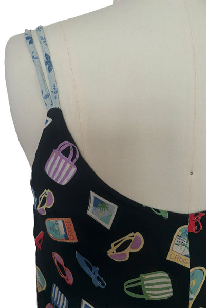 1990s Black Rayon Novelty Vacation Multicolor Print Slip Dress by Jenny Helene, Small to Medium