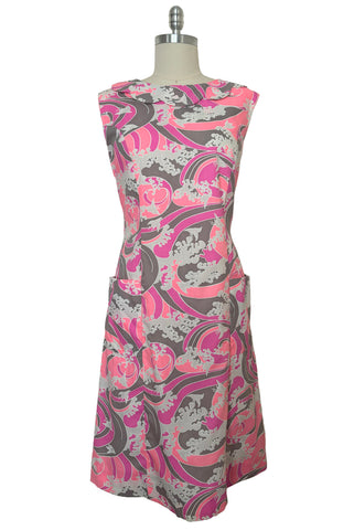 Front view of vintage new with tags 1960s novelty pink, gray, and white psychedelic birds print shift dress by Shaker Square, medium to large.