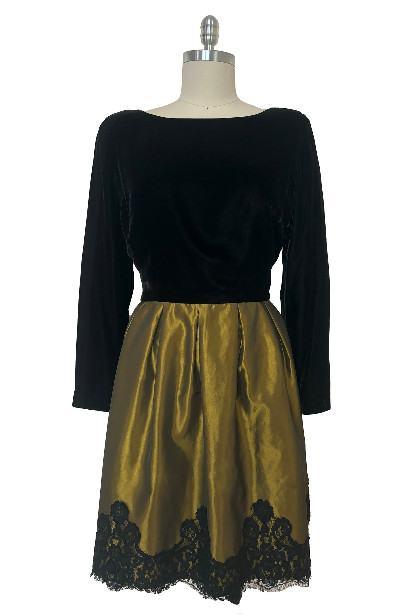Front view of 1990s vintage black velvet and olive green taffeta cocktail dress by Rimini, size medium to large.