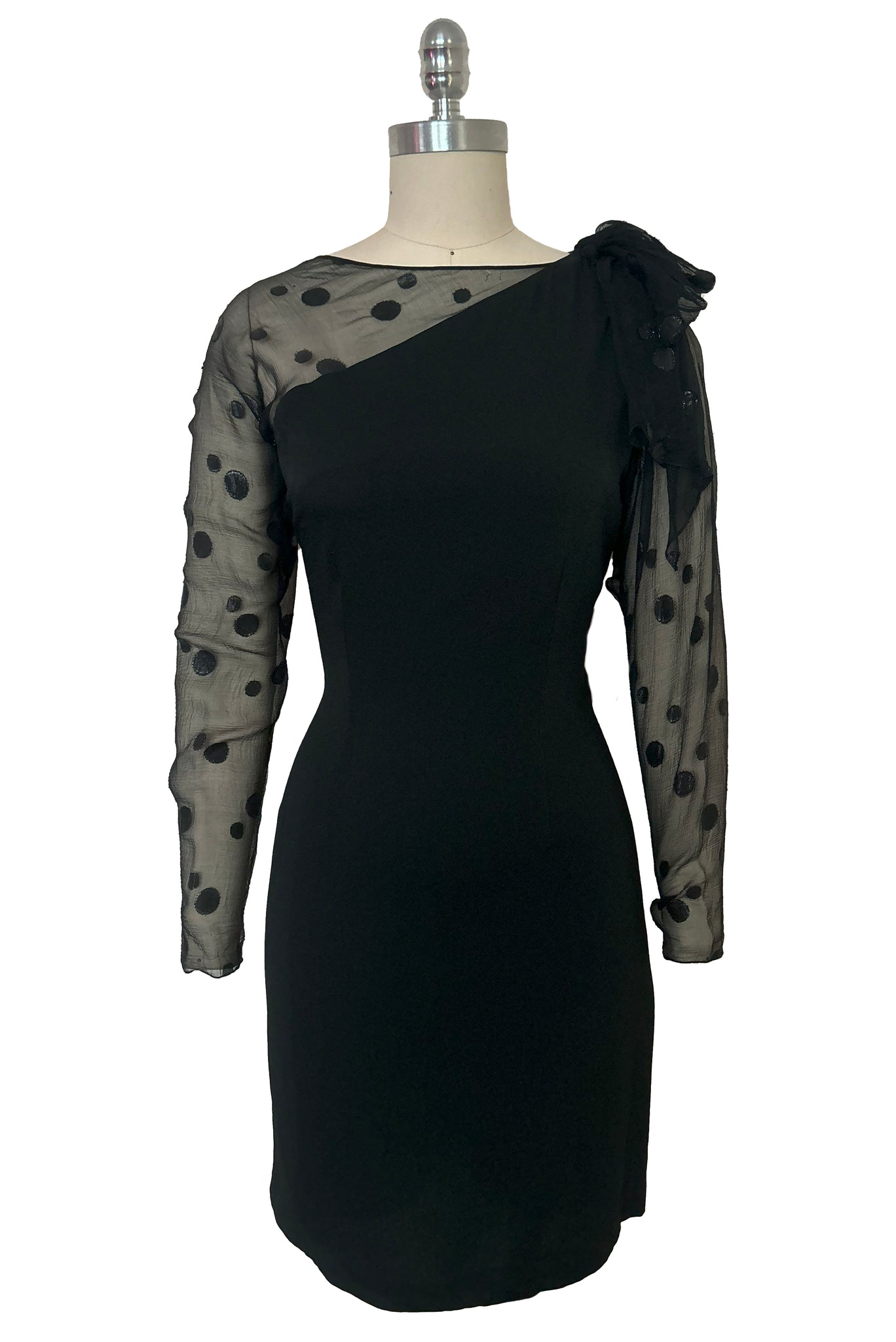 Front view of 1990s vintage black polka dot silk chiffon and crepe asymmetrical dress by Giorgio Beverly Hills, size small to medium.