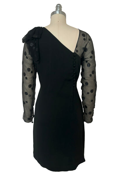 Back view of 1990s vintage black polka dot silk chiffon and crepe asymmetrical dress by Giorgio Beverly Hills, size small to medium.