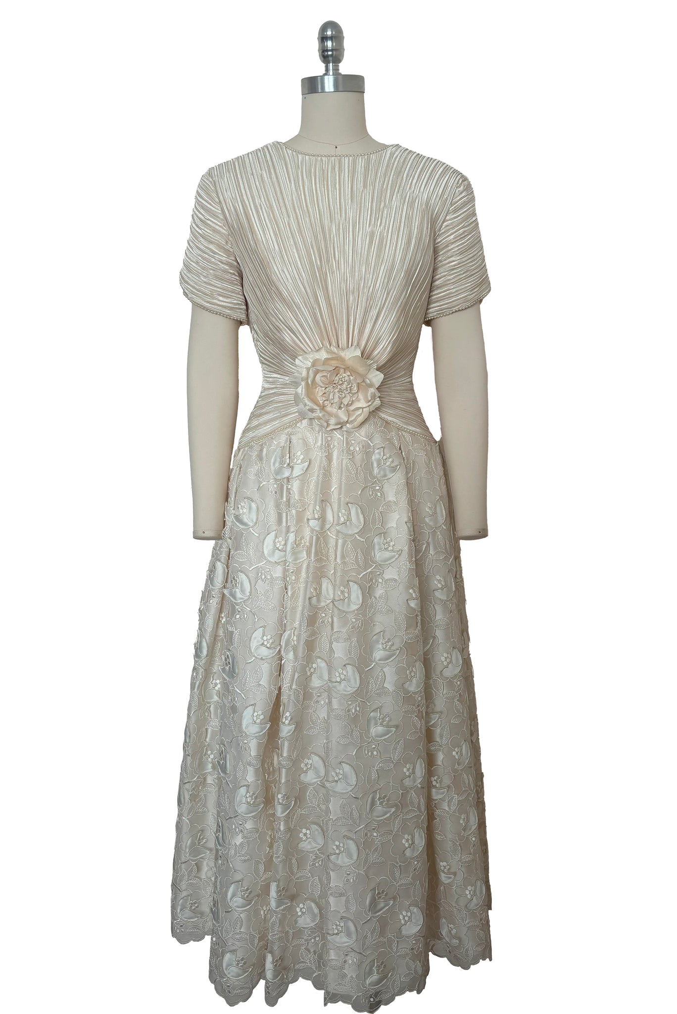 1980s Vintage Cream Satin Pleated Cutwork Floral Dress by George F Couture, Extra Small to Small