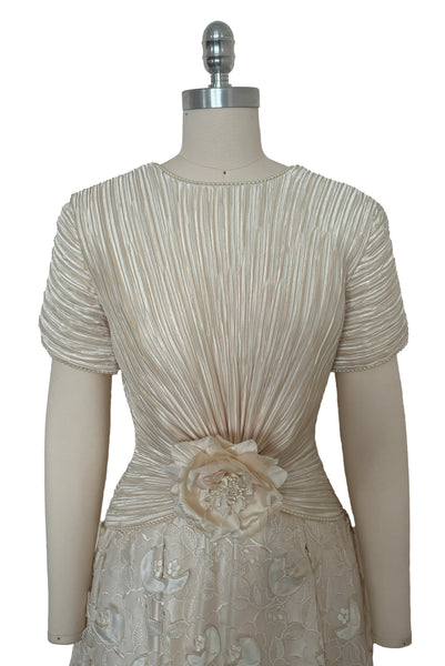 1980s Vintage Cream Satin Pleated Cutwork Floral Dress by George F Couture, Extra Small to Small