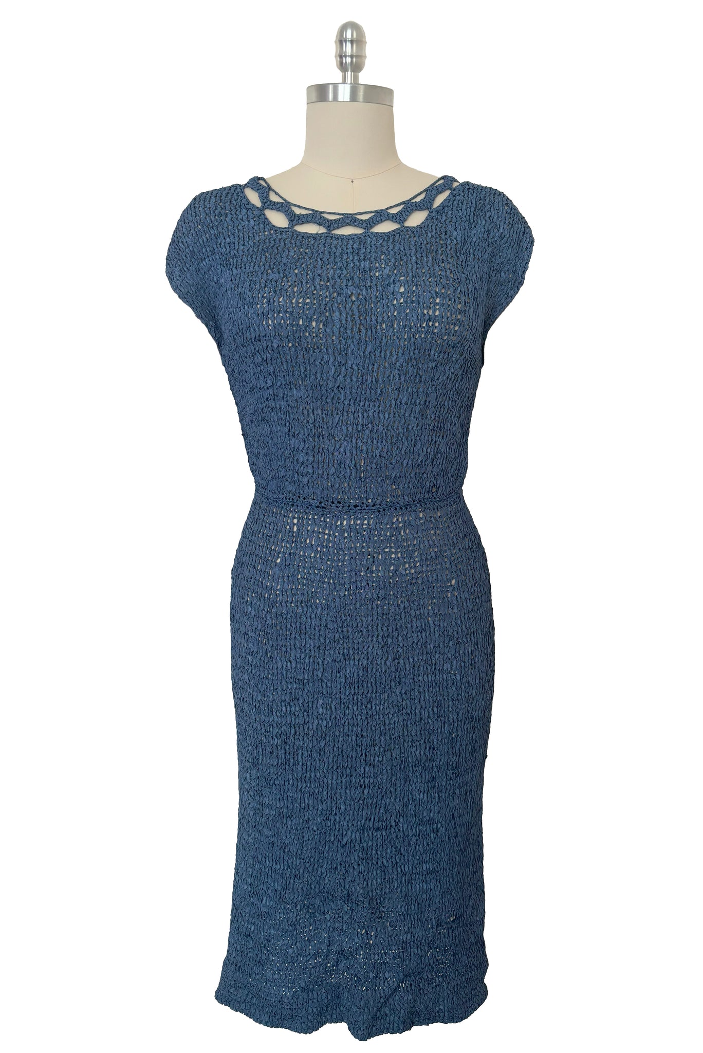 Front view of 1950s vintage periwinkle rayon ribbon crochet dress, medium to extra large.