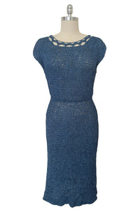Front view of 1950s vintage periwinkle rayon ribbon crochet dress, medium to extra large.