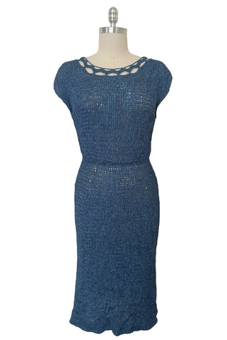 Front view of 1950s vintage periwinkle rayon ribbon crochet dress, medium to extra large.