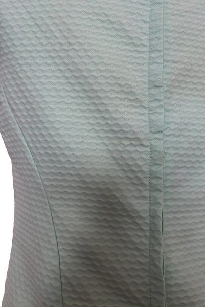 Detail view of 1960s vintage mint green cotton pique daisy trimmed sheath dress, size extra small to small. Showing a line on the dress near the zipper.