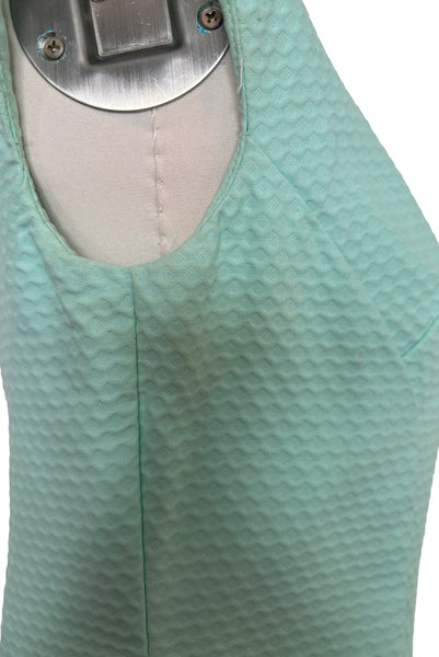 Detail view of 1960s vintage mint green cotton pique daisy trimmed sheath dress, size extra small to small. Showing minor discoloration under the arm.