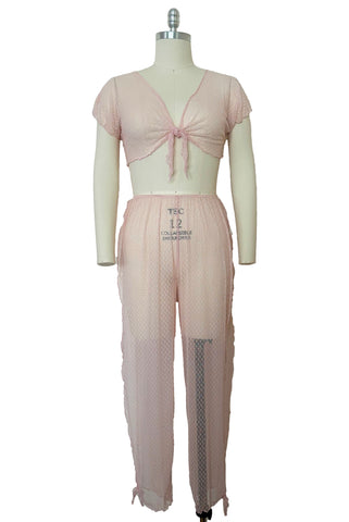 Front view of 1990s vintage pale pink mesh tie pajama top and pants lingerie set, size small, medium, large.