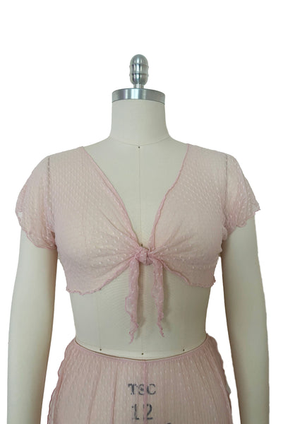 Top front view of 1990s vintage pale pink mesh tie pajama top and pants lingerie set, size small, medium, large.