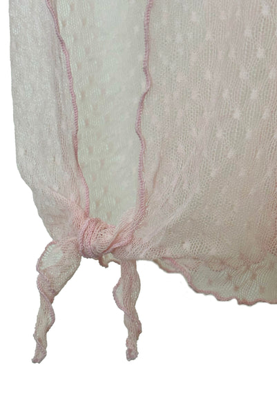Side view of 1990s vintage pale pink mesh tie pajama top and pants lingerie set, size small, medium, large.