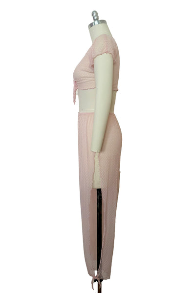 Side view of 1990s vintage pale pink mesh tie pajama top and pants lingerie set, size small, medium, large.