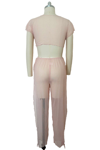 Front view of 1990s vintage pale pink mesh tie pajama top and pants lingerie set, size small, medium, large.