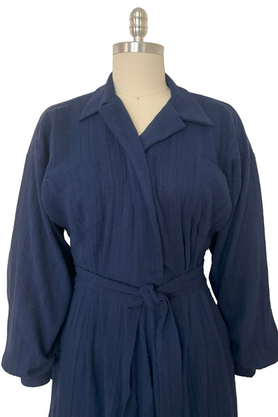 Bodice front view of 1980s vintage bright navy blue long sleeve midi shirtdress by Norma Kamali, size small to medium.