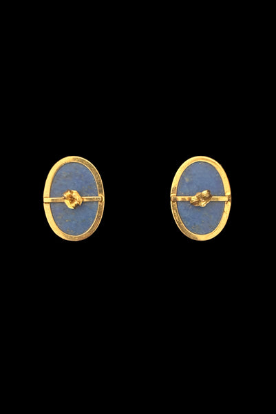 Vertical back view of 1980s vintage 10kt gold and blue lapis lazuli oval stud earrings.