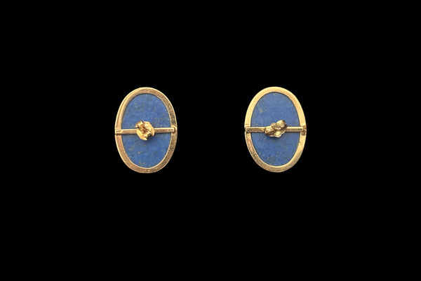 Horizontal back view of 1980s vintage 10kt gold and blue lapis lazuli oval stud earrings.