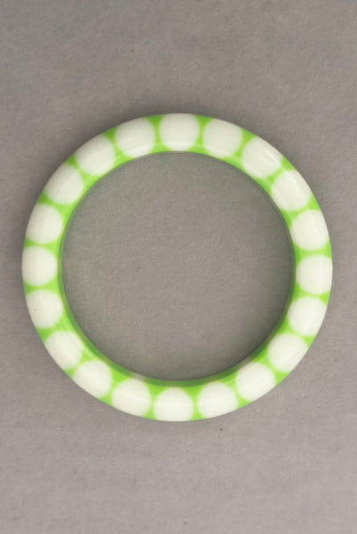 1960s Vintage Lime Green and White Injected Dot Lucite Sliced Bangle Bracelet