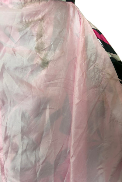 Interior detail view of 2000s y2k vintage pink, black, white, and red psychedelic satin strapless ruffled prom or quinceañera gown with train, extra small to small. Showing the underside of the train with stains.