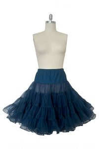 Front view of 1970s vintage dark blue nylon adjustable petticoat by Malco Modes, small, medium, large.