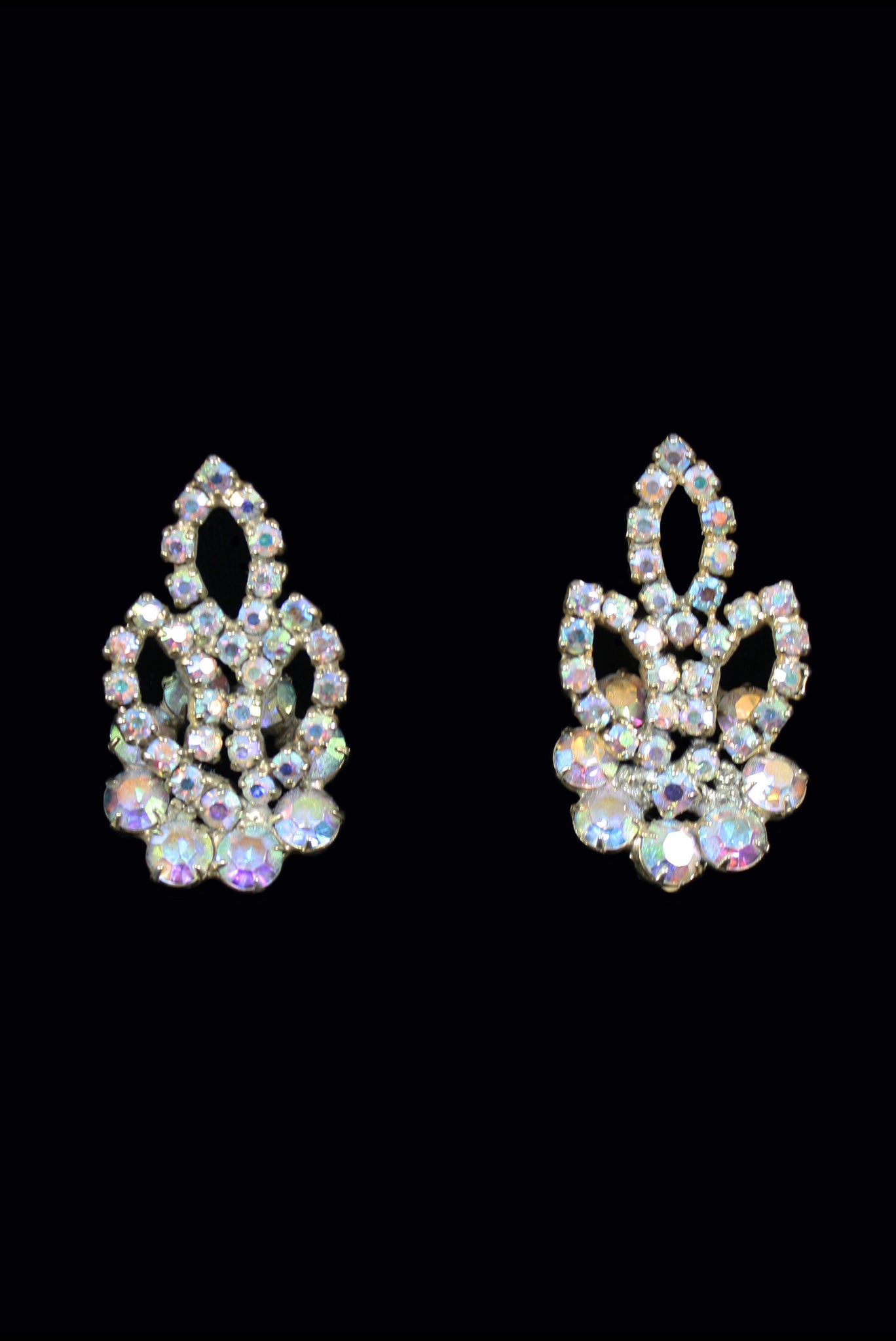 1950s Vintage Floral Iridescent Rhinestone Earrings by Madeleine