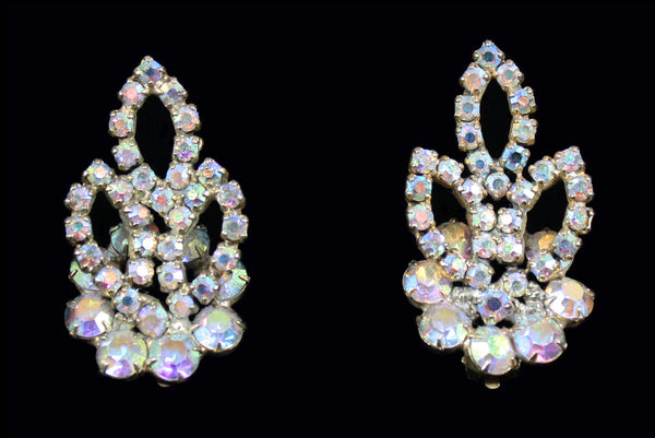1950s Vintage Floral Iridescent Rhinestone Earrings by Madeleine