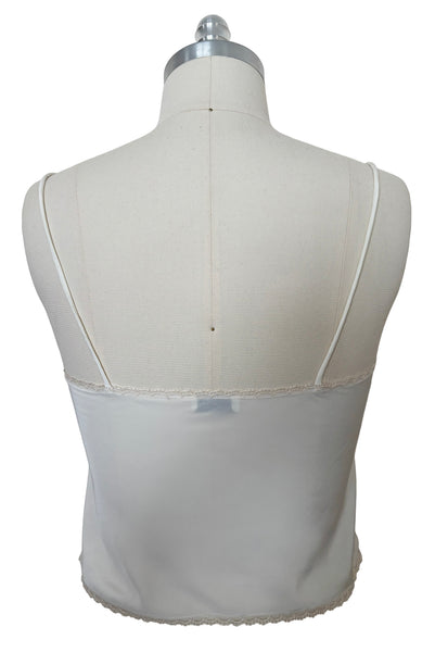 Back view of 1970s vintage white polyester challis and floral lace faux pearl embellished lingerie camisole top by Christian Dior, size small to medium.