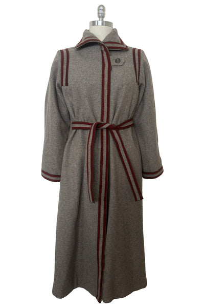 Front view of 1960s vintage heavy gray and rust tie waist wool coat by Carol Cohen for Braefair, size medium to large.