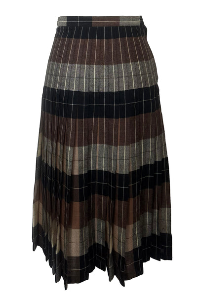 Back view of 1970s vintage reversible black, tan, cream, and green wool plaid pleated midi skirt by Charlotte Ford for Classique Collection, size medium to large. Showing the darker side.