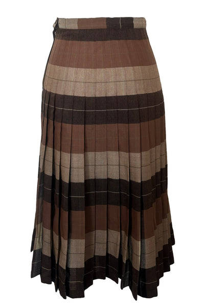 Back view of 1970s vintage reversible black, tan, cream, and green wool plaid pleated midi skirt by Charlotte Ford for Classique Collection, size medium to large. Showing the lighter side.