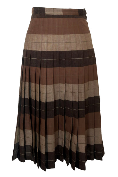 Front view of 1970s vintage reversible black, tan, cream, and green wool plaid pleated midi skirt by Charlotte Ford for Classique Collection, size medium to large. Showing the lighter side.