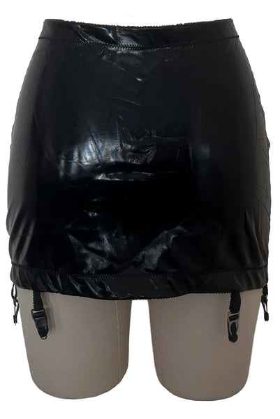 Back view of 2000s vintage goth pin-up black wet look nylon Lycra stretch lingerie garter skirt by Bernie Dexter, size medium to large.