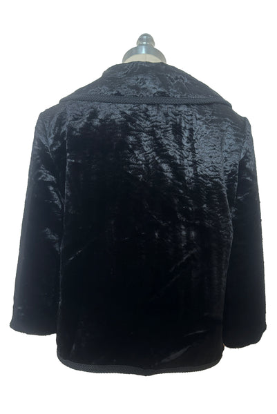 Back view of 1950s vintage black faux Persian lamb embossed velvet jacket, by Specialty House Fashion, size small to medium.