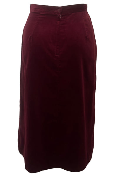 Back view of 1970s vintage burgundy velveteen button front pencil skirt, size medium to large.
