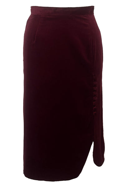 Front view of 1970s vintage burgundy velveteen button front pencil skirt, size medium to large.