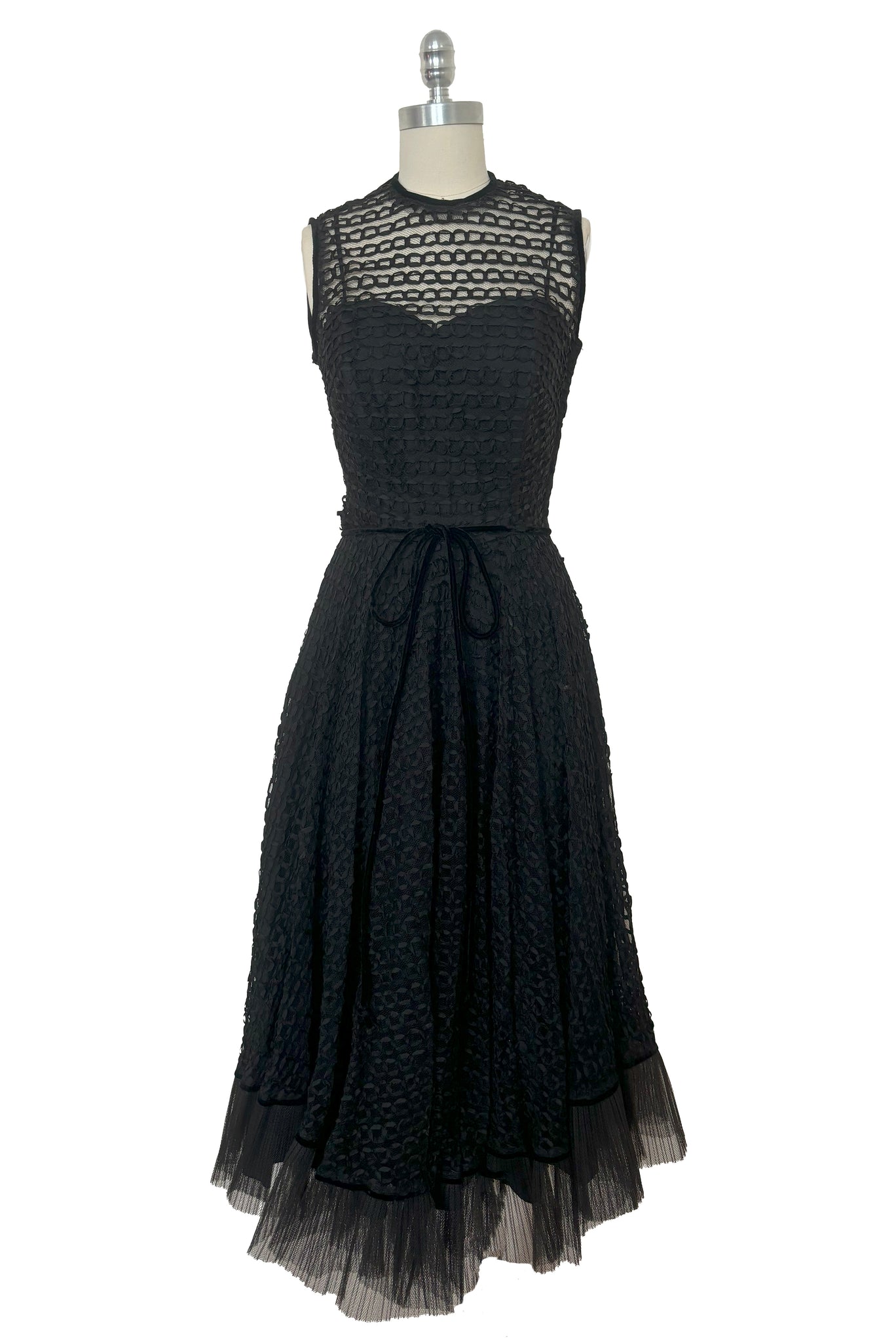 Front view of 1950s vintage sleeveless New Look style black tulle silk ribbon dress by Dance Time, size extra small to small.
