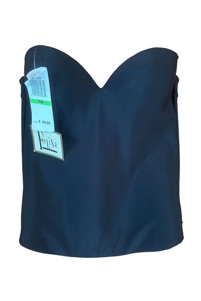 Flat lay front view of 2000s y2k vintage deadstock new with tags black seamless underwire strapless longline bra by Felina, size 36B. Showing the tags.