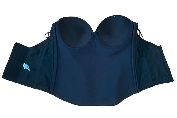 Interior view of 2000s y2k vintage deadstock new with tags black seamless underwire strapless longline bra by Felina, size 36B. Showing the underwires and structure.