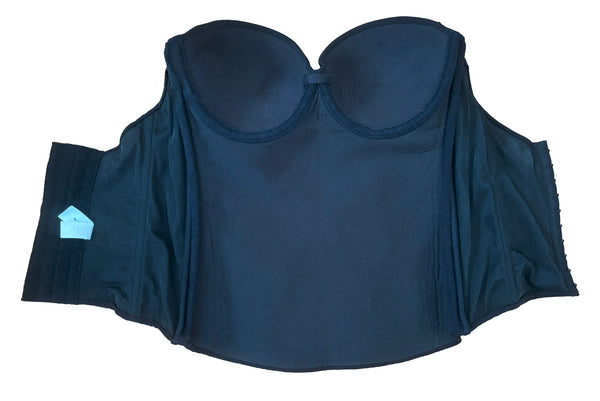 Interior view of 2000s y2k vintage deadstock new with tags black seamless underwire strapless longline bra by Felina, size 32C. Showing the underwires and structure.