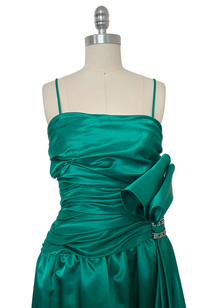 Bodice front view of 1980s vintage emerald green satin rhinestone trimmed ruched evening dress, by Lillie Rubin, size extra extra small to extra small.
