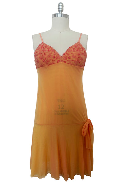 Front view of 2000s y2k vintage as is pink floral embroidered orange and peach drop waist mesh Enya Chemise by Cosabella, size large to extra large.