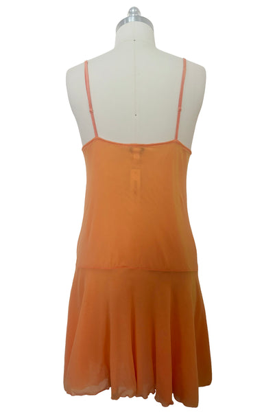 Back view of 2000s y2k vintage as is pink floral embroidered orange and peach drop waist mesh Enya Chemise by Cosabella, size large to extra large.