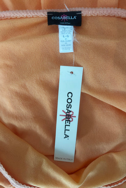 Interior detail view of 2000s y2k vintage as is pink floral embroidered orange and peach drop waist mesh Enya Chemise by Cosabella, size large to extra large. Showing the Cosabella label, size L-G tag, and paper shop tag.