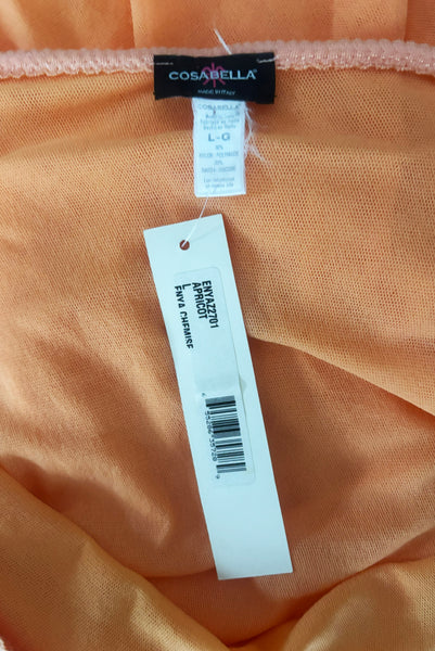 Interior detail view of 2000s y2k vintage as is pink floral embroidered orange and peach drop waist mesh Enya Chemise by Cosabella, size large to extra large. Showing the Cosabella label, size L-G tag, and paper shop tag.