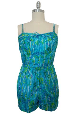 1950s Vintage Blue Green Watercolor Floral Playsuit/Swimsuit by GaBar, Medium to Large