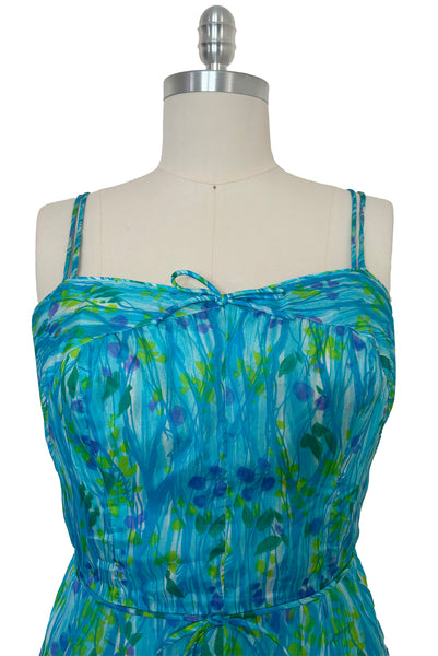 1950s Vintage Blue Green Watercolor Floral Playsuit/Swimsuit by GaBar, Medium to Large