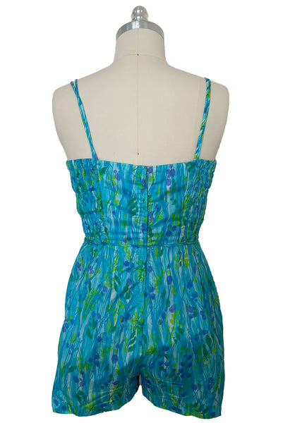 1950s Vintage Blue Green Watercolor Floral Playsuit/Swimsuit by GaBar, Medium to Large