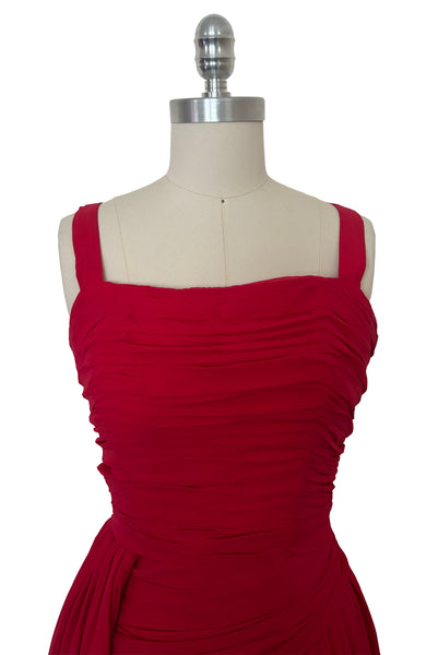 Bodice front view of 1960s vintage draped raspberry pink silk chiffon cocktail dress by Miss Bonwit, size extra small to small. Showing the square neckline with wide chiffon straps and gathered bodice.