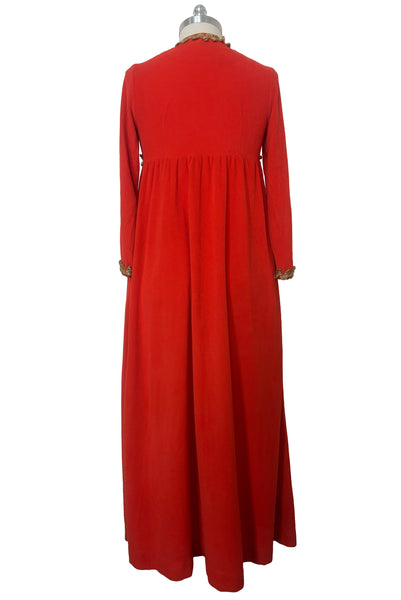 Back view of 1960s  vintage orange fleece zip front housecoat w/ gold metallic braid by Periphery, size medium to large.